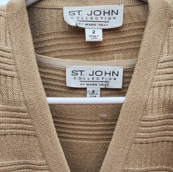 St. John 2 Piece Santana Knit Beige Dress Cardigan Sweater Set 2 - Picture 3 of 7